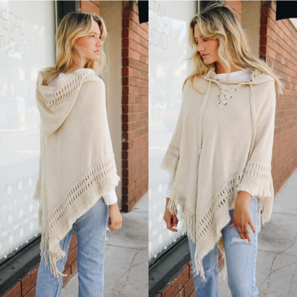 Sweaters - Classic Knit Poncho with Hood and Lace Up Detail